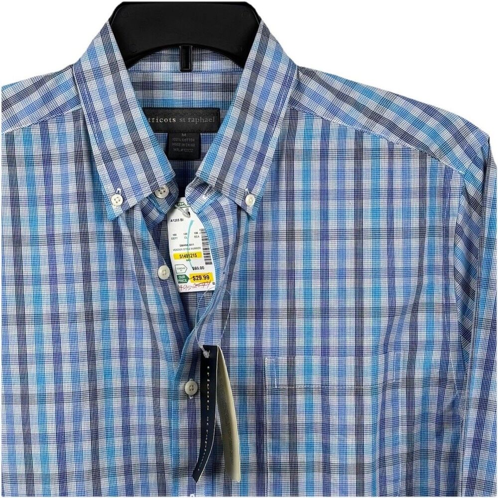 New Tricots St Raphael Men Medium Button Up Shirt Blue Striped Long Sleeve NWT